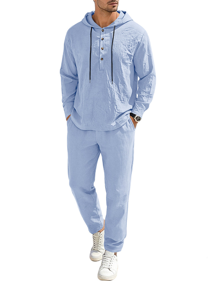Herren nan entspannter Kapuzen-Henley Freizeitanzug aus leichter Baumwollmischung in Leinenoptik mit Kordelzug und elastischer Bundhose Drune