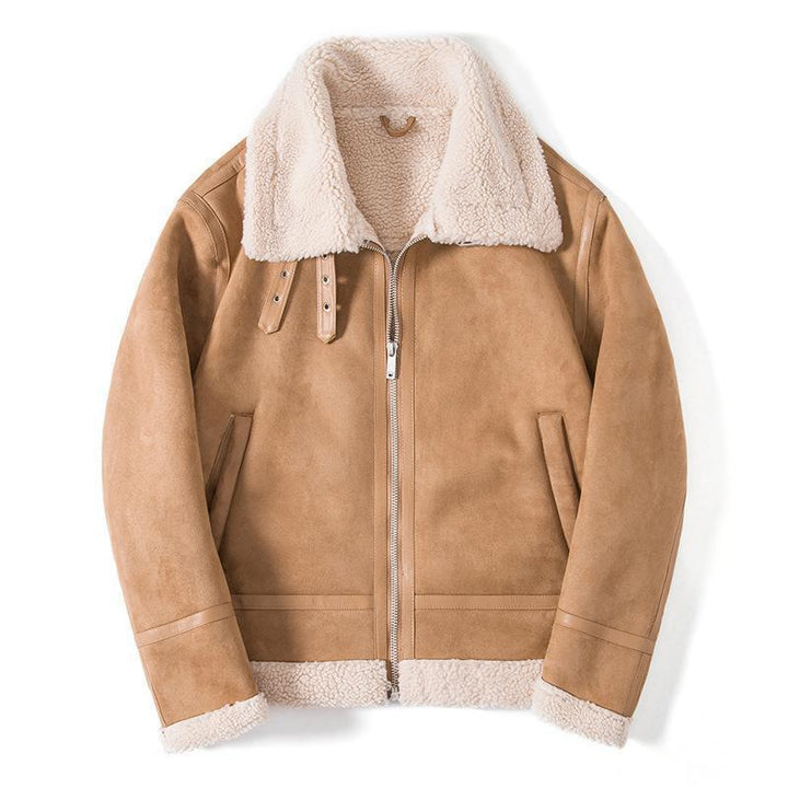 Herren Lammfelloptik Pilotenjacke mit Teddyfutter und Lederbesatz Drune