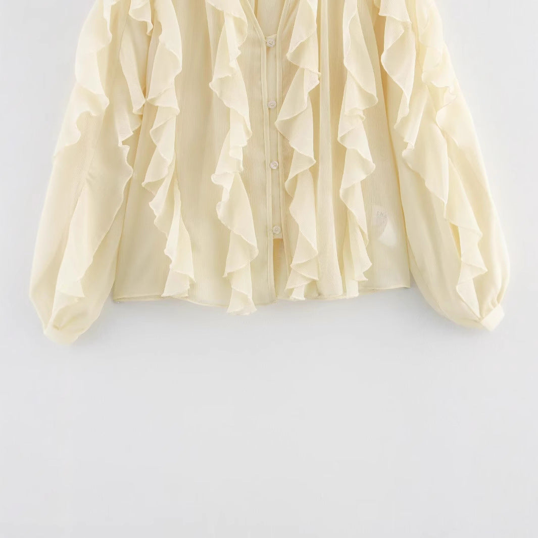 Damen Chiffon-Bluse mit Volants und Ballonärmeln Drune