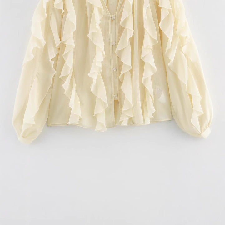 Damen Chiffon-Bluse mit Volants und Ballonärmeln Drune