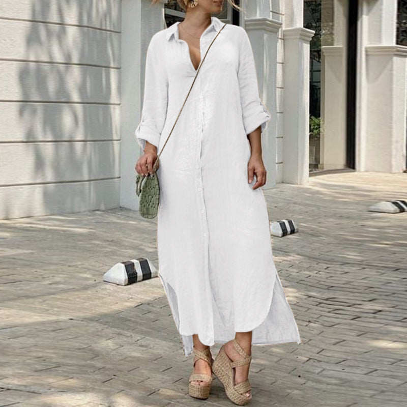 Damen Hemdblusenkleid mit durchgehender Knopfleiste, seitlichen Schlitzen und 3/4-Ärmeln Drune