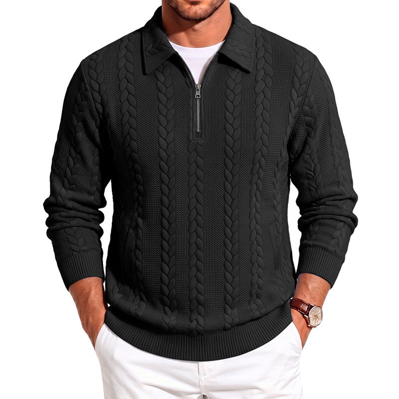Herren Polokragen-Strickpullover mit Zopfstruktur und Halbzip Drune