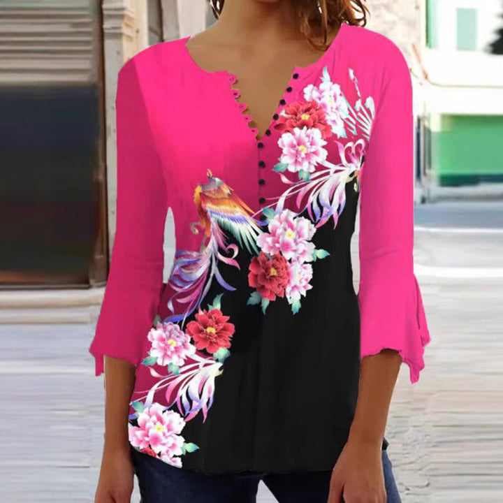 Damen nan V-Ausschnitt Tunika-Bluse mit floralem Vogelmuster, dreiviertel-Volantärmeln und figurumspielendem Saum Drune