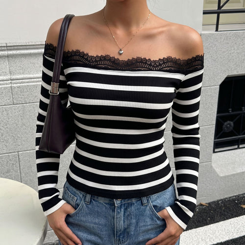 Damen Off-Shoulder Streifenoberteil mit Spitzenrand Drune