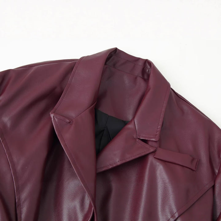 Damen Kunstleder Blazerjacke mit tailliertem Schnitt und schickem Bindegürtel Drune