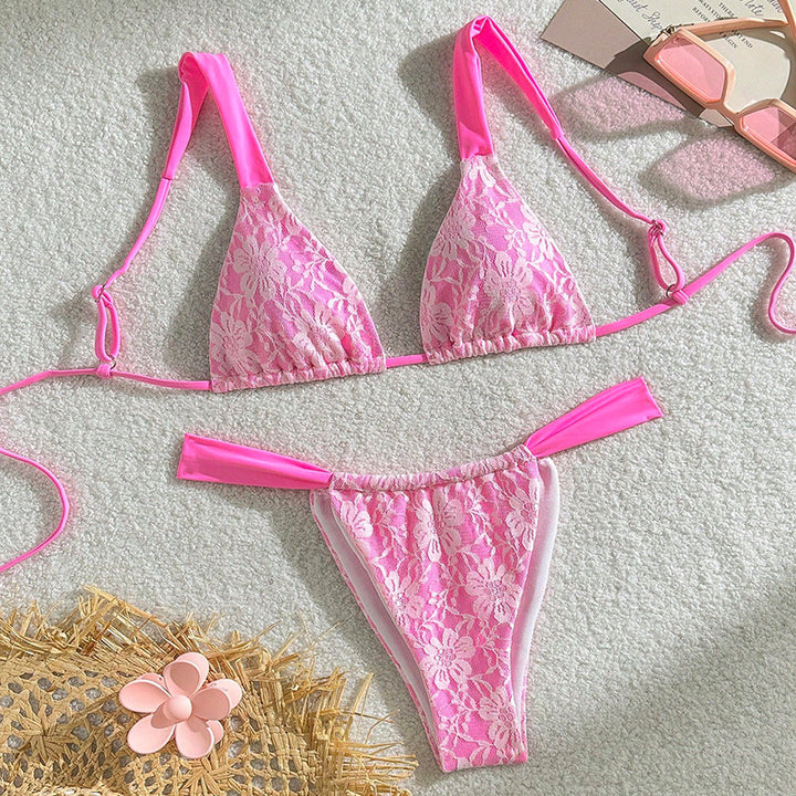 Damen Triangel-Bikini mit floralem Spandex-Muster und verstellbaren Trägern Drune