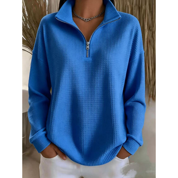 Damen Waffelstrick-Sweatshirt mit halbem Reißverschluss und Stehkragen Drune