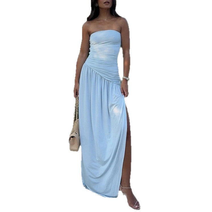 Damen nan schlankes schulterfreies drapiertes Maxikleid mit taillierter Korsettoptik und hohem Seitenschlitz Drune