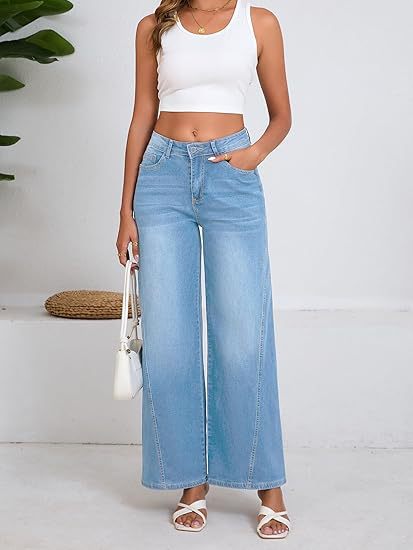 Damen Hochtaillierte Palazzohose aus Denim mit weitem Bein Drune