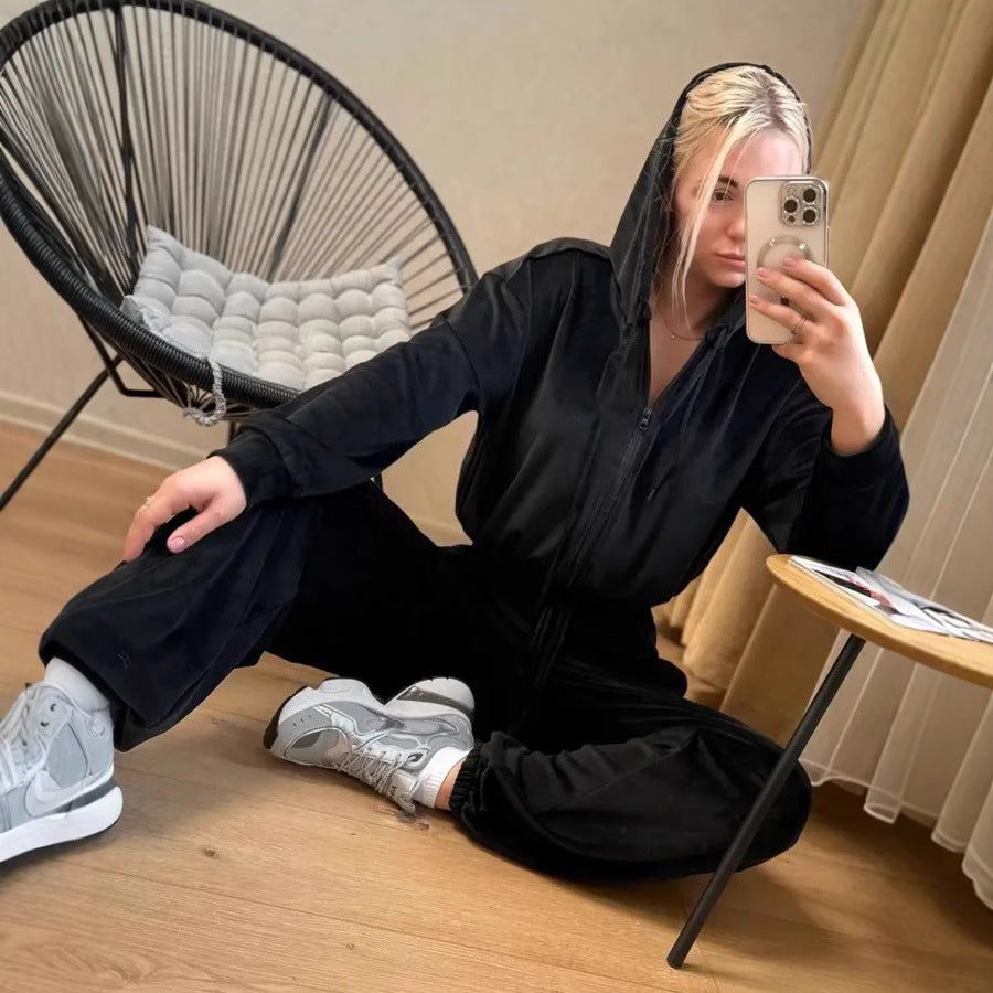 Damen Samtiges Cropped-Zip-Hoodie-Set mit Tunnelzugbund und weitem Lounge-Sweathose Drune