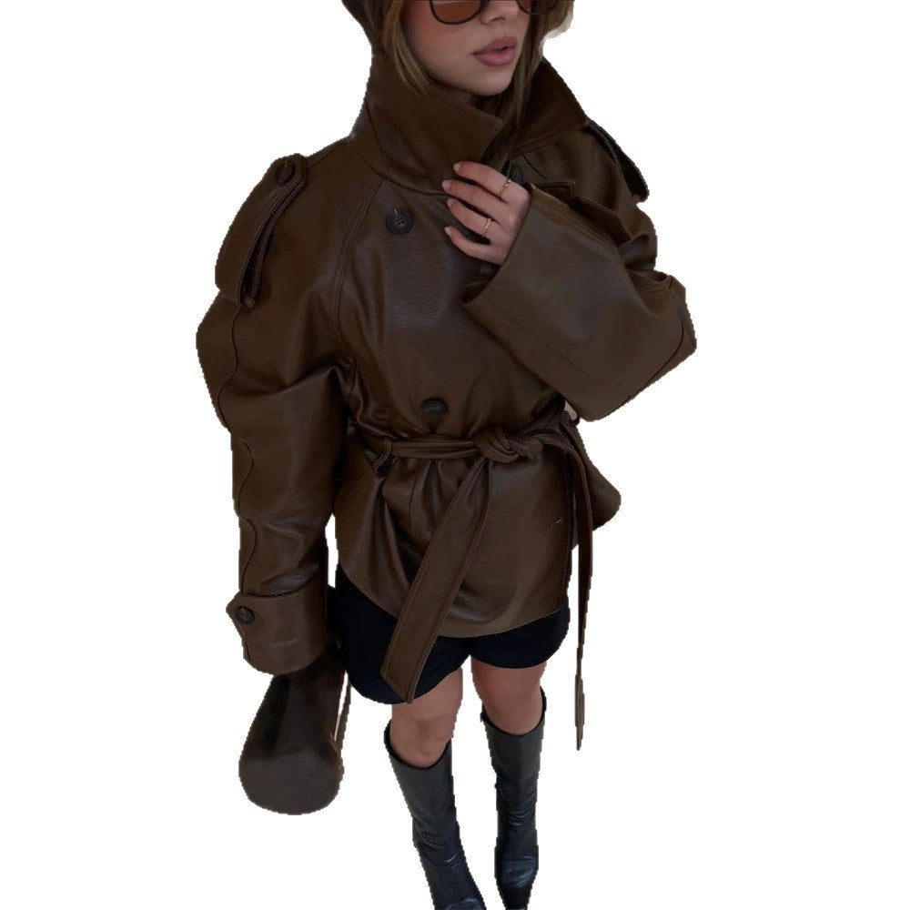 Damen Kurz geschnittener Oversize Lederimitat-Trench mit Taillengürtel und Epauletten Drune