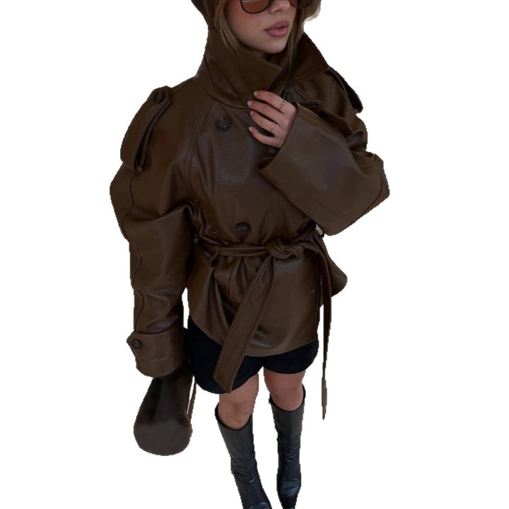 Damen Kurz geschnittener Oversize Lederimitat-Trench mit Taillengürtel und Epauletten Drune