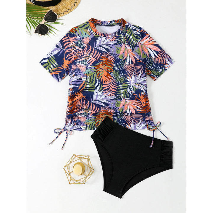 Damen Sportliches Kombi-Badeoutfit mit Kurzarm-Top und hochgeschnittenem Hosenrock Drune
