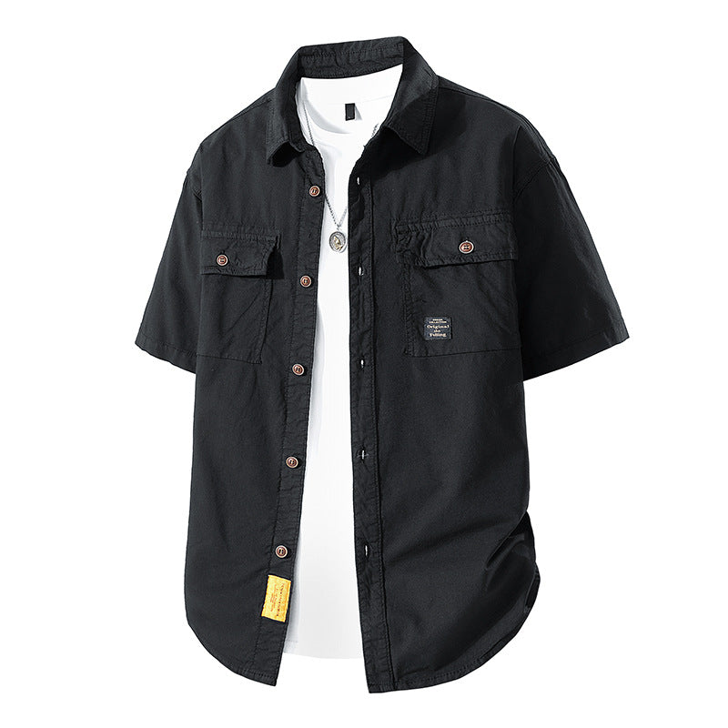 Herren Kurzarm-Fieldshirt im Overshirt-Look mit doppelten Brustklappen, verstärkten Nähten und gerundetem Saum Drune