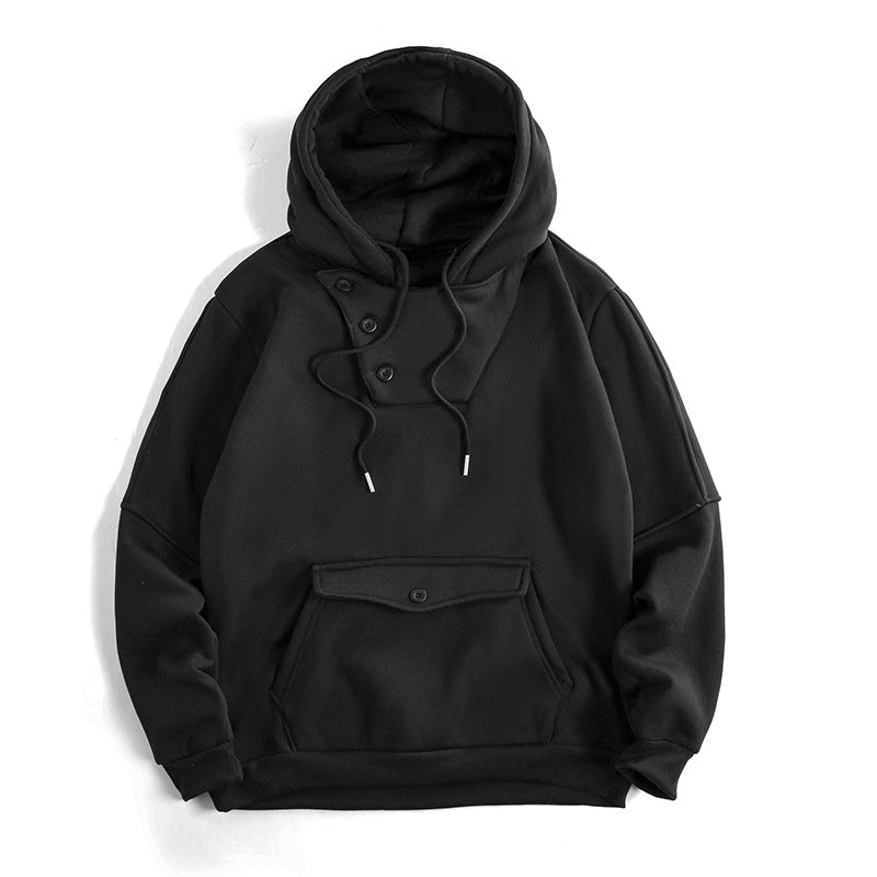 Herren Oversize Baumwoll-Fleece Kapuzenpullover mit asymmetrischer Knopfleiste und aufgesetzter Kängurutasche Drune