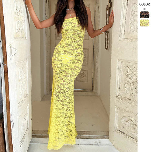 Damen Elegantes Spitzenmaxikleid mit figurbetonter Silhouette und schulterfreiem Design Drune