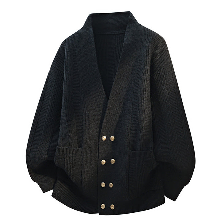 Damen Oversize Strickcardigan mit Schalkragen, doppelreihiger Knopfleiste & Eingrifftaschen Drune