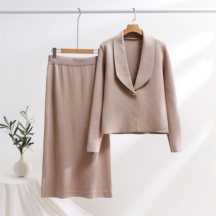Damen elegantes Strickensemble mit Blazer und Midi-Rock Drune