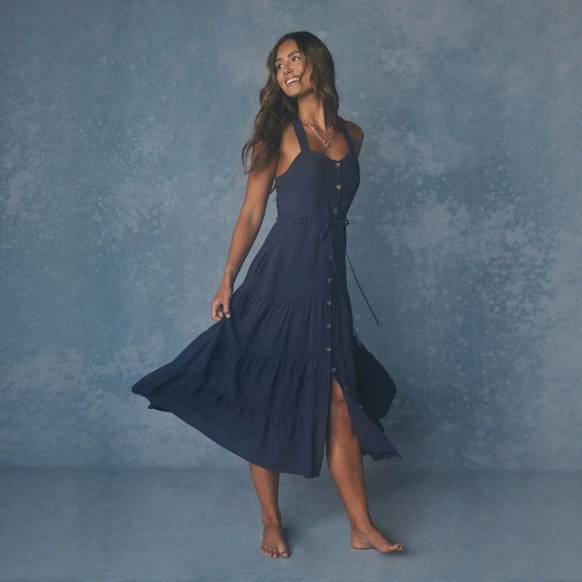 Damen Maxikleid mit nostalgischem Knopfverschluss und verstellbaren Trägern Drune