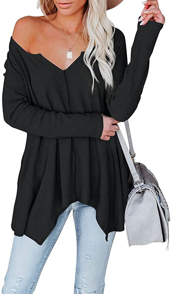 Damen Freizeit Waffelstrick Tunika mit V-Ausschnitt, Off-Shoulder und asymmetrischem Saum Drune