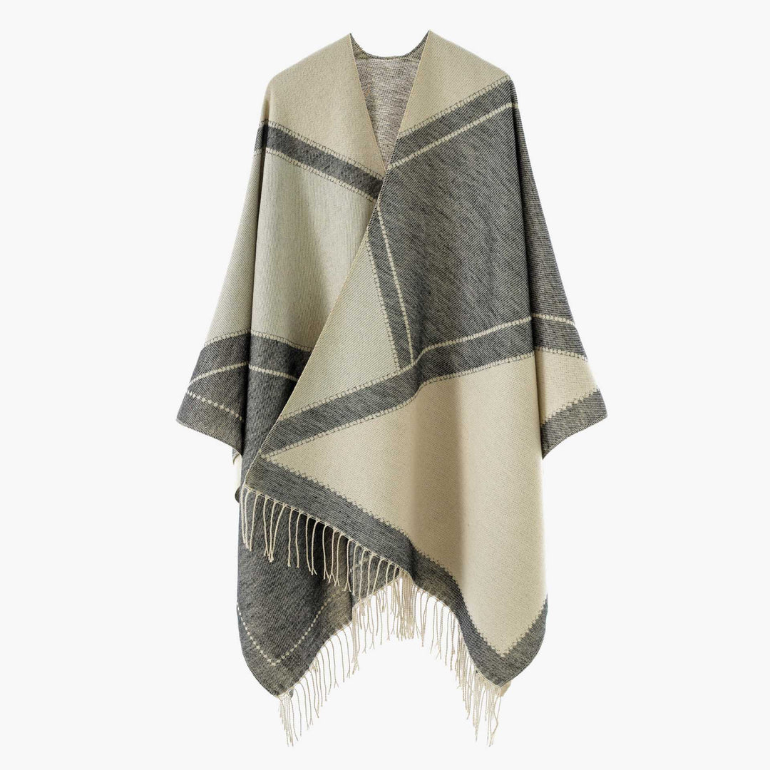 Damen Großer Wollmix Fransenponcho mit diagonalen Kontraststreifen Drune