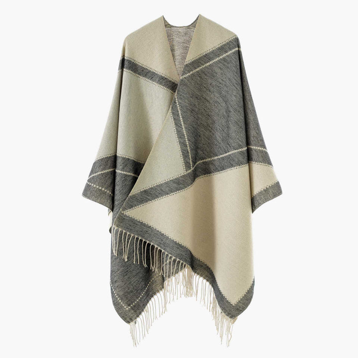 Damen Großer Wollmix Fransenponcho mit diagonalen Kontraststreifen Drune