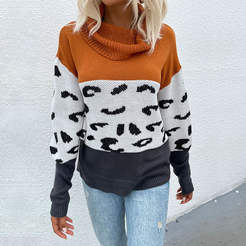 Damen Strickpullover mit weitem Rollkragen, Colorblock und Leopardenmuster Drune