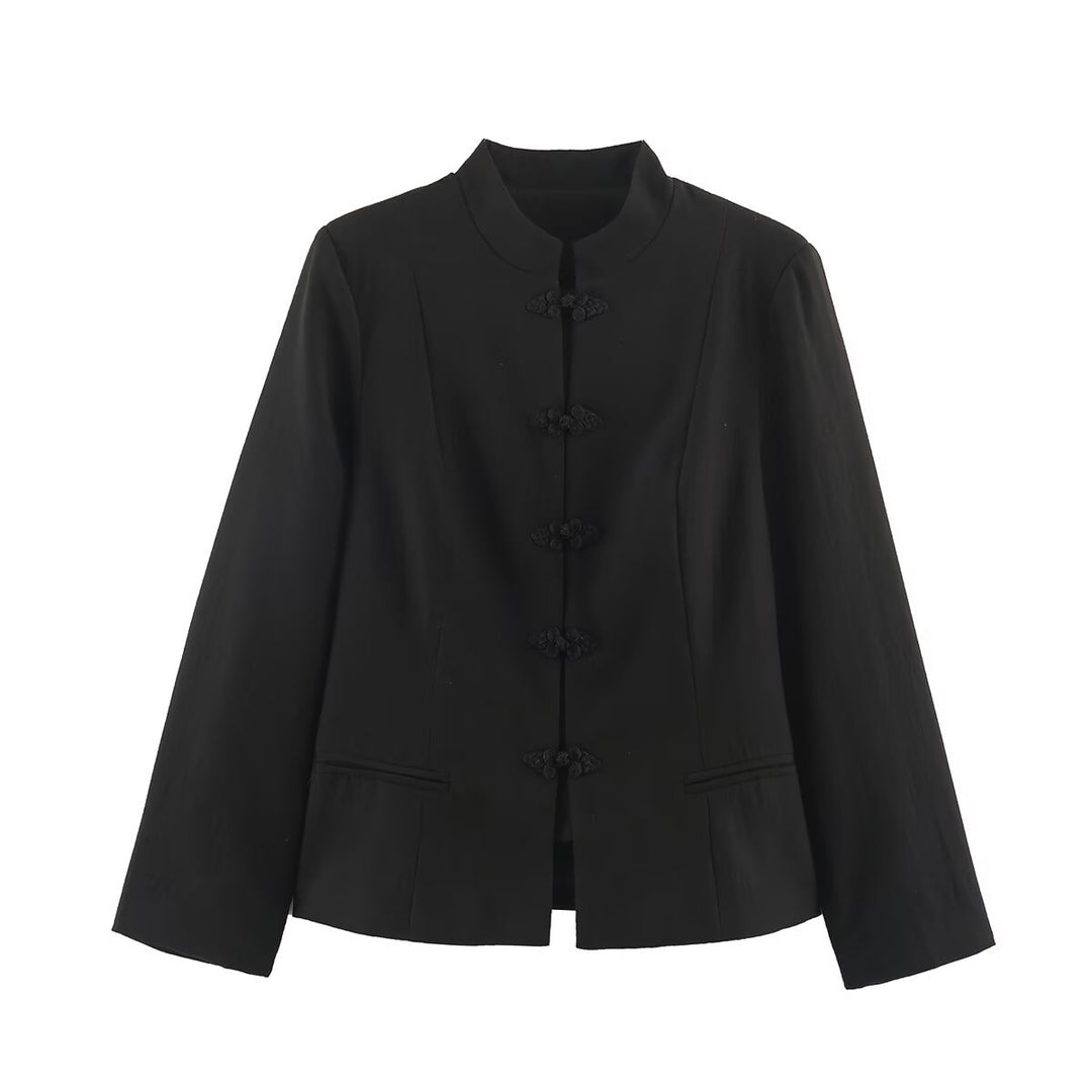 Damen Kurzjacke im Chinoiserie‑Stil mit Stehkragen und Knotenknopfverschluss Drune