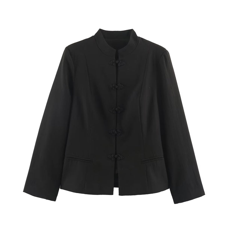 Damen Kurzjacke im Chinoiserie‑Stil mit Stehkragen und Knotenknopfverschluss Drune