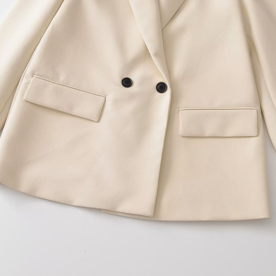Damen Doppelreihiger Longblazer mit Reverskragen, tailliertem Schnitt und Pattentaschen Drune