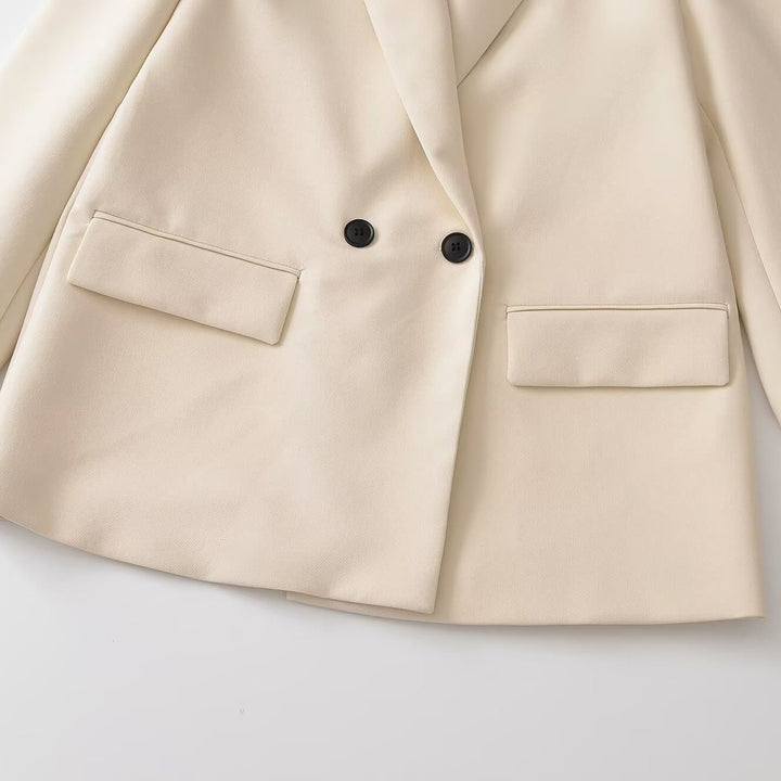 Damen Doppelreihiger Longblazer mit Reverskragen, tailliertem Schnitt und Pattentaschen Drune