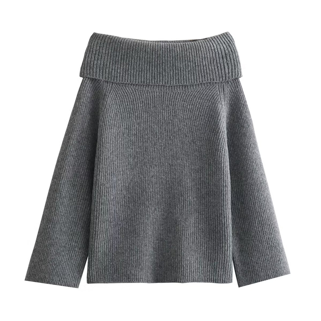 Damen Oversized Off-Shoulder Rippstrick-Pullover mit großem Wendkragen Drune