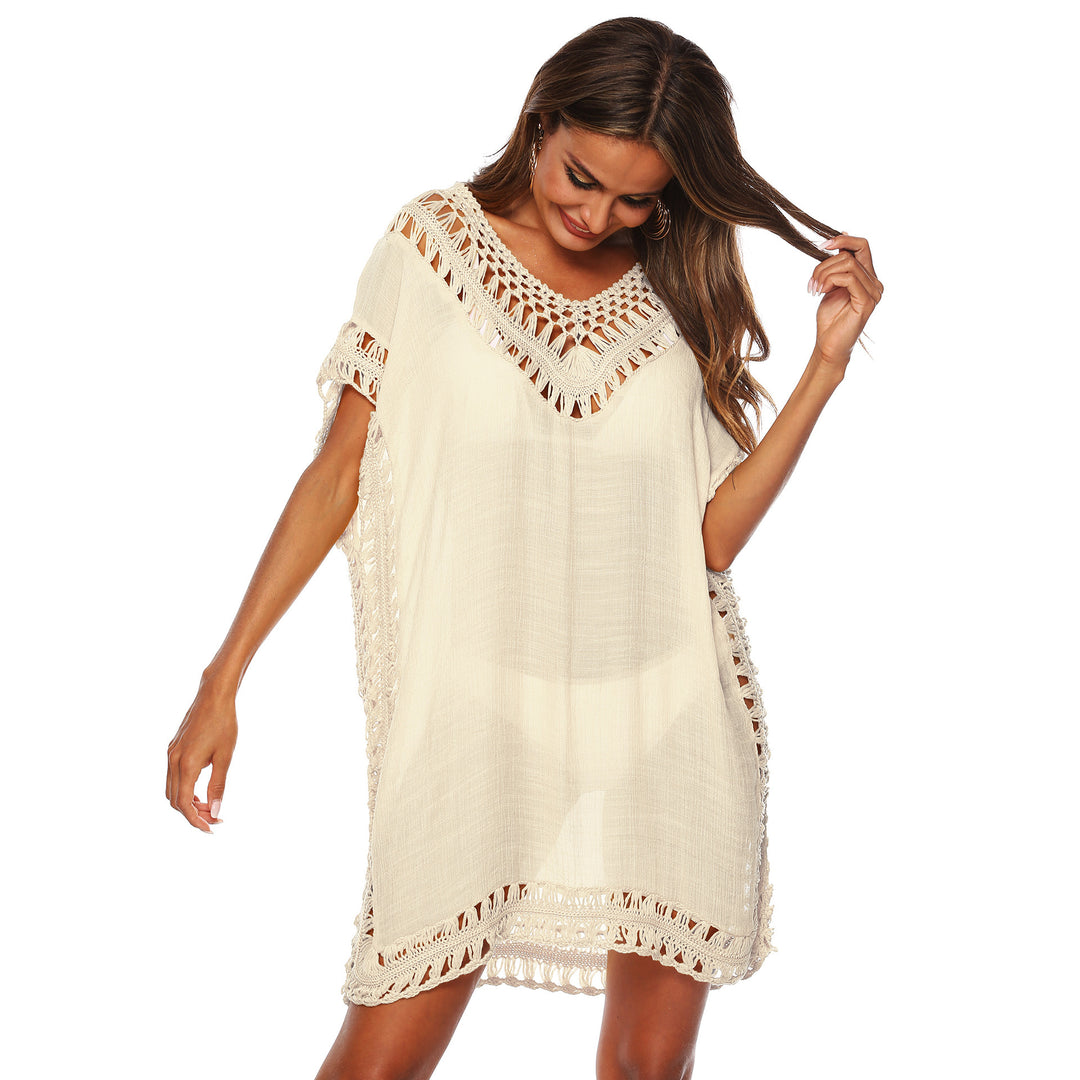 Damen Häkel-Strandüberwurf mit elegantem V-Ausschnitt und fransigen Details Drune
