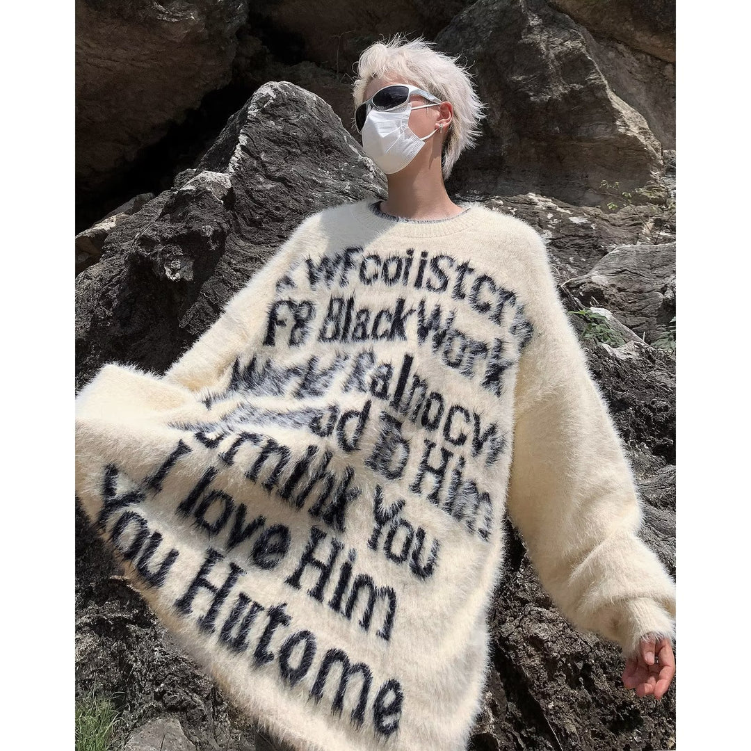 Unisex Oversized Strickpullover mit kreativem Schriftzug und gemütlichem Schnitt Drune