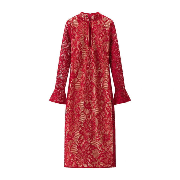Damen nan florales Spitzen-Midikleid mit gefüttertem Nude-Unterkleid, Stehkragen, V-Schlitz und Glockenärmeln Drune