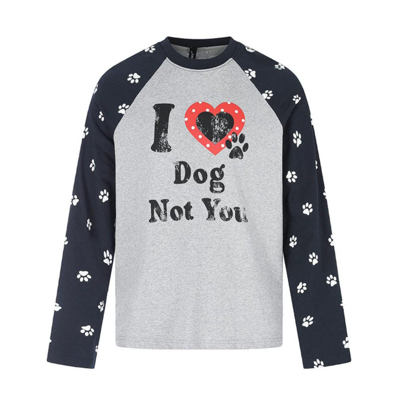 Damen Casual-Langarmshirt im Raglanstil mit Hunde-Pfotenmuster und Statement-Frontprint Drune