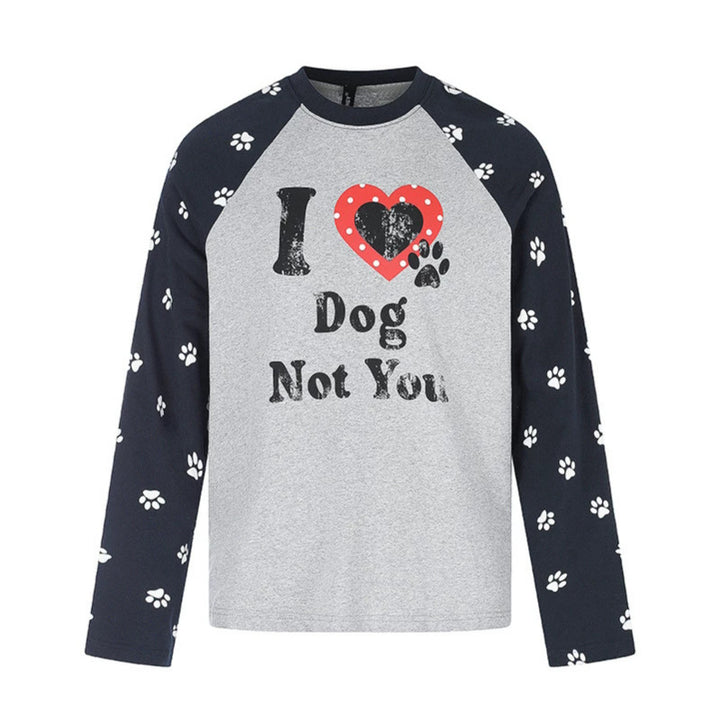 Damen Casual-Langarmshirt im Raglanstil mit Hunde-Pfotenmuster und Statement-Frontprint Drune