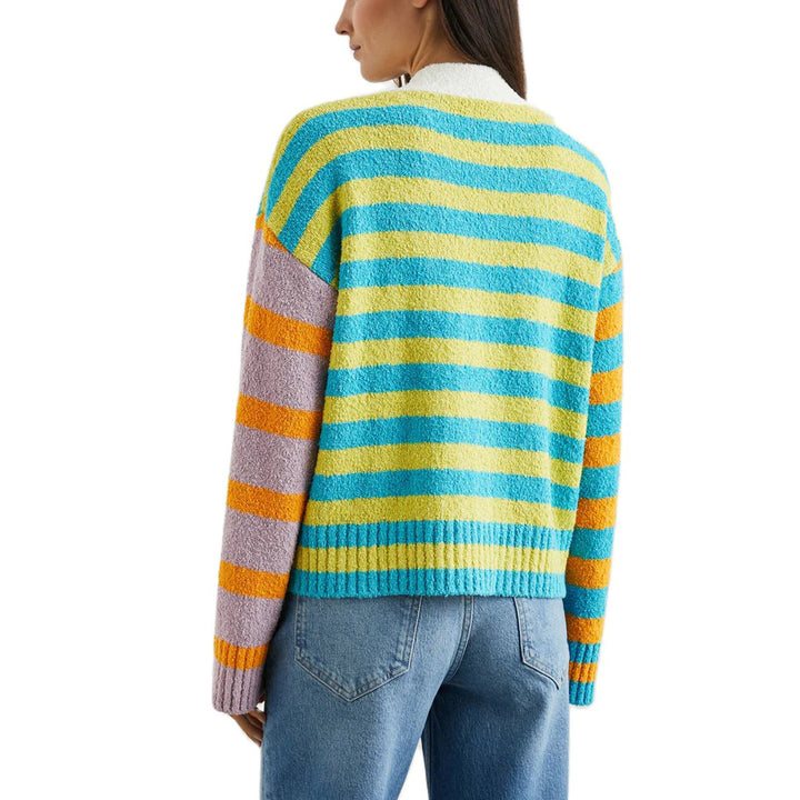 Damen lockerer gestreifter Frottee-Cardigan mit V-Ausschnitt und Knopfleiste Drune