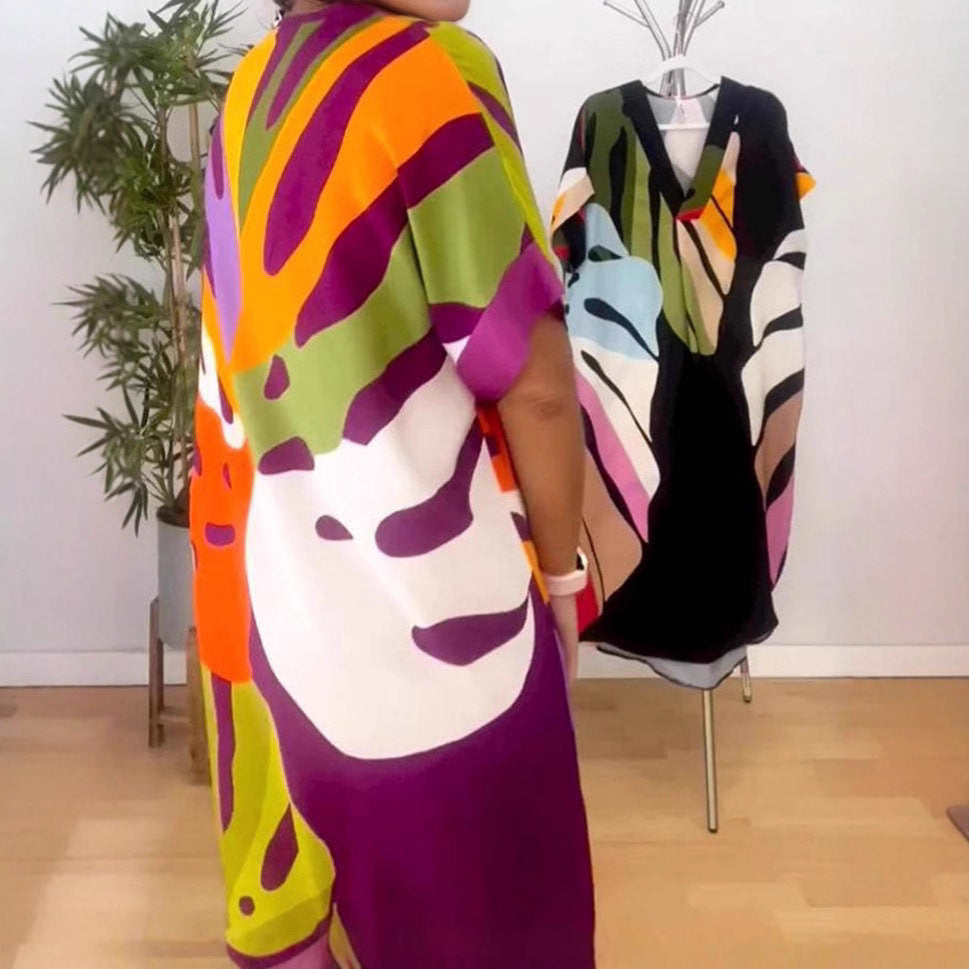 Damen lockeres Wickelkleid mit modernen Farbblockmustern und übergroßen Ärmeln Drune