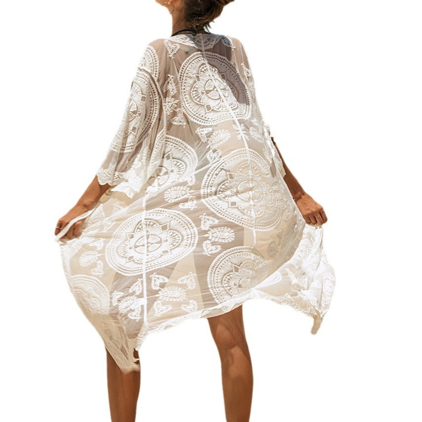 Damen elegante Häkel-Strandtunika mit floralen Details Drune