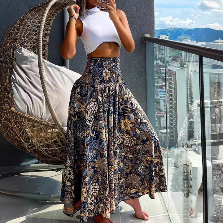 Damen Maxirock mit hohem Smokbund, weitem Fall und Paisley‑Print Drune