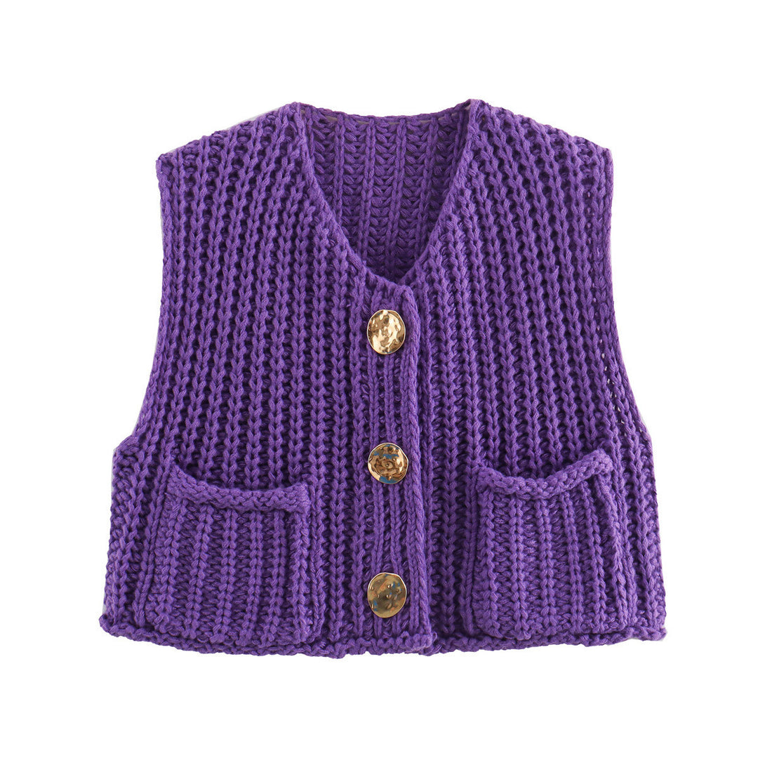 Damen Grobgestrickte Cropped Weste mit V-Ausschnitt und goldenen Zierknöpfen Drune