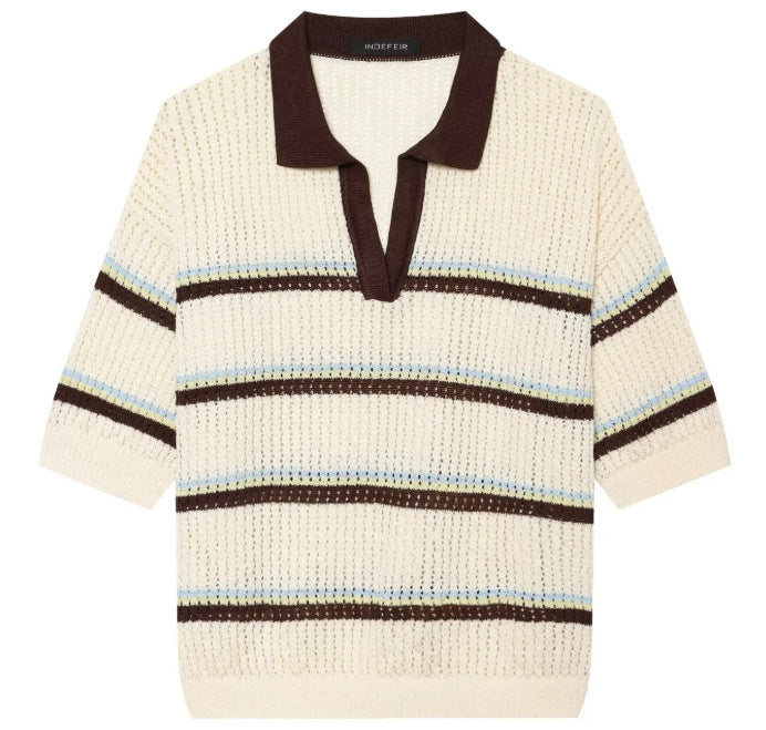 Damen Kurzarm Polo-Strickpullover mit V‑Ausschnitt, Strukturmuster und Streifendetail Drune