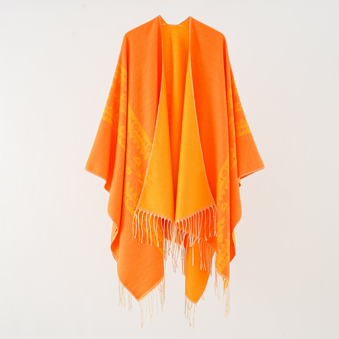 Damen Oversize Fransen-Poncho aus Jacquard-Baumwollmischung Drune