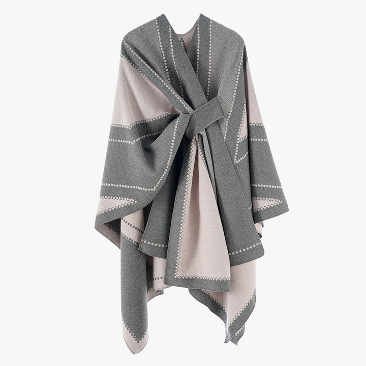 Damen Oversize-Cape aus Jacquard-Strick mit Bindeschlaufe Drune