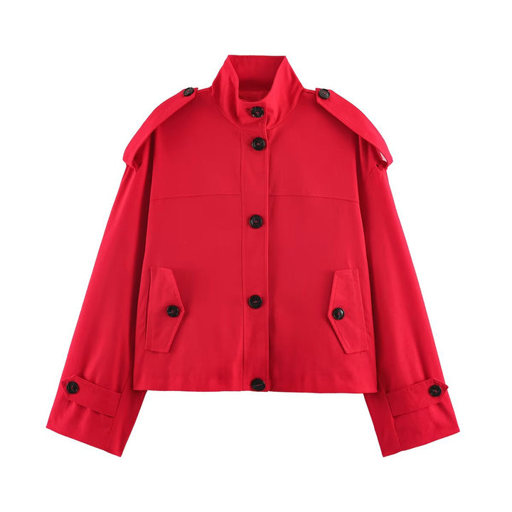 Damen Kurz geschnittene Utility‑Jacke mit Stehkragen, Schulterklappen und Pattentaschen Drune