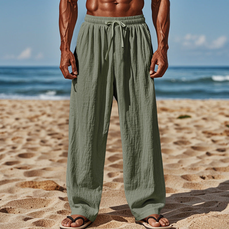 Herren Leichte Leinenhose mit weitem Schnitt, Elastikbund und Kordelzug Drune