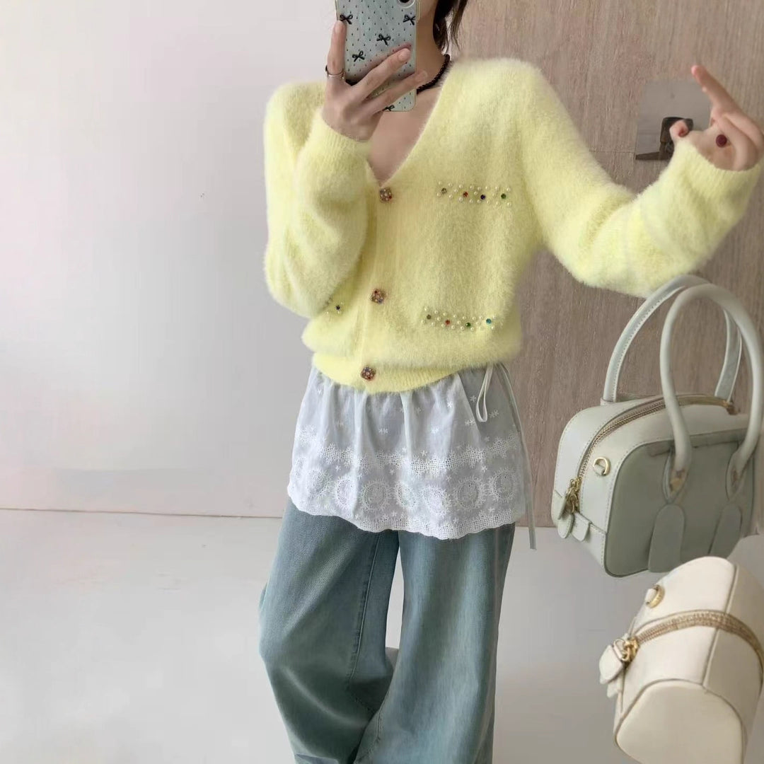 Damen Verspielter V-Ausschnitt Cardigan mit Perlen Drune
