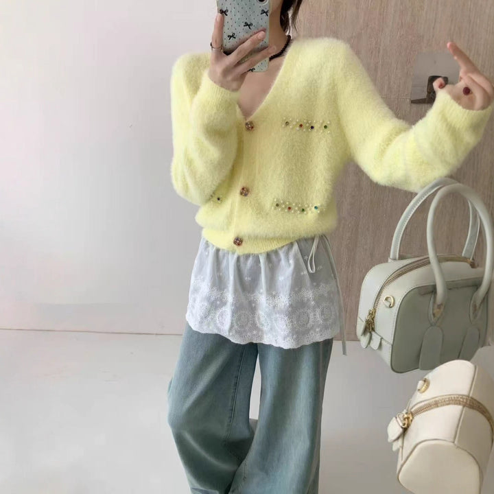 Damen Verspielter V-Ausschnitt Cardigan mit Perlen Drune