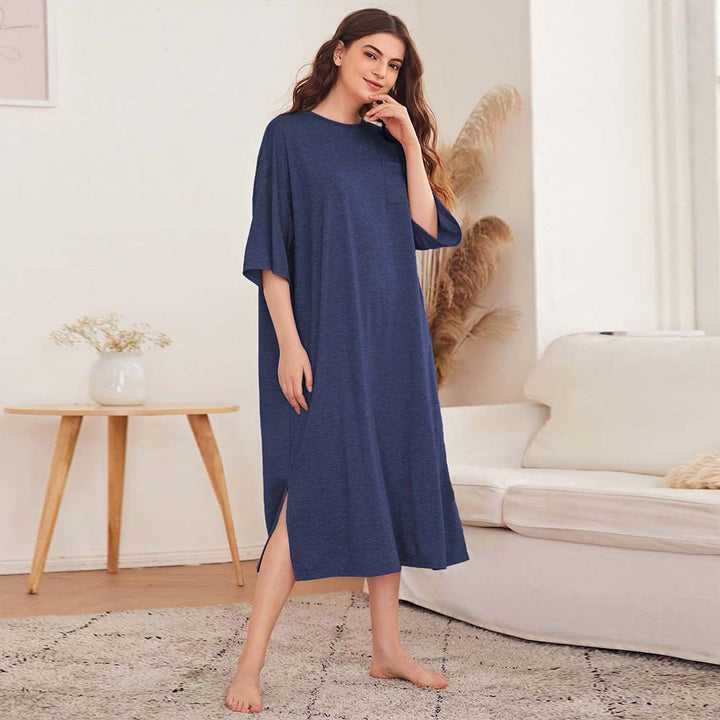 Damen legeres Oversize-Nachthemd mit Brusttasche und seitlichen Schlitzen Drune